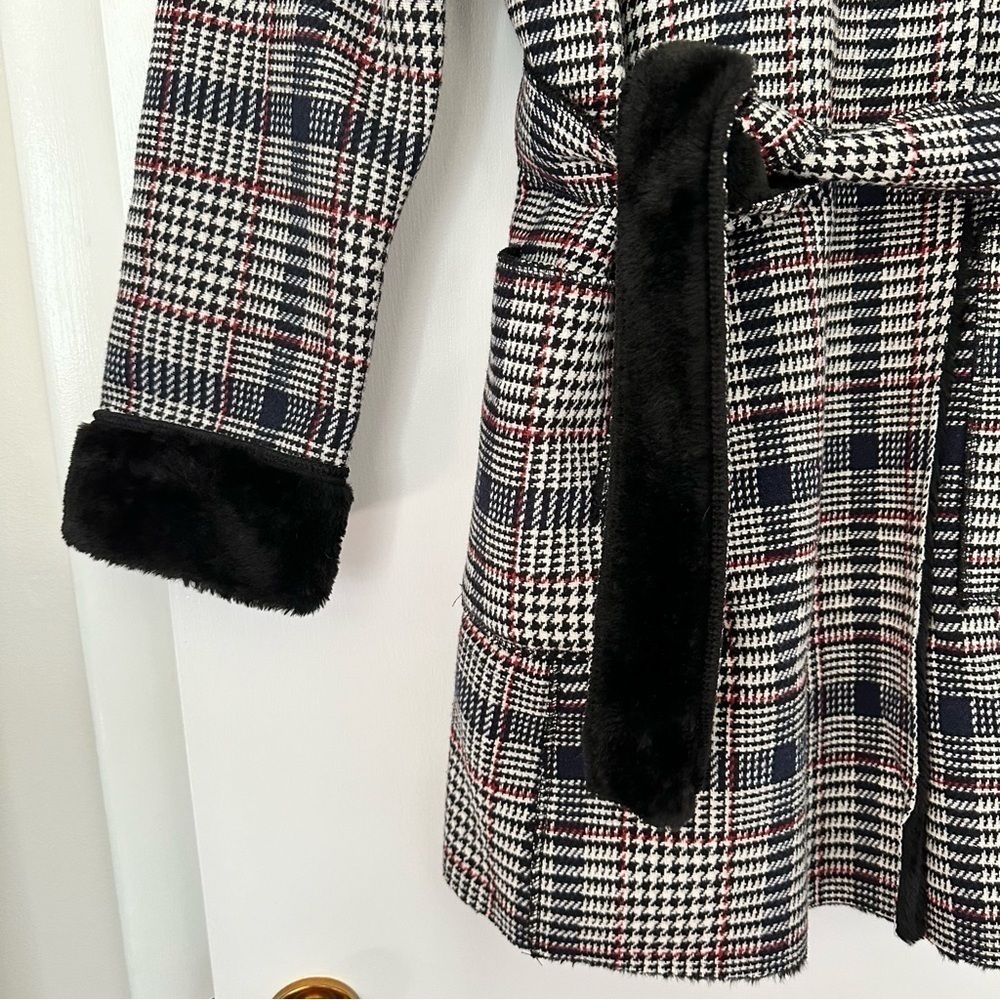 Solitaire Twill Plaid Faux Fur Belted Coat New Womens Large Black White New - Picture 5 of 10